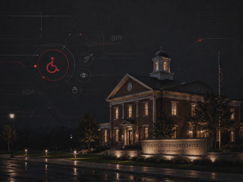County government center building at night, accessibility and .gov compliance graphic overlay