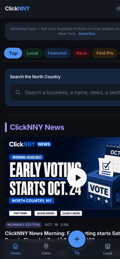 ClickNNY mobile app view with news, search, and tip button