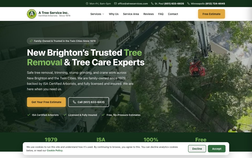 A Tree Service Inc. website home page, designed and built by Webit365