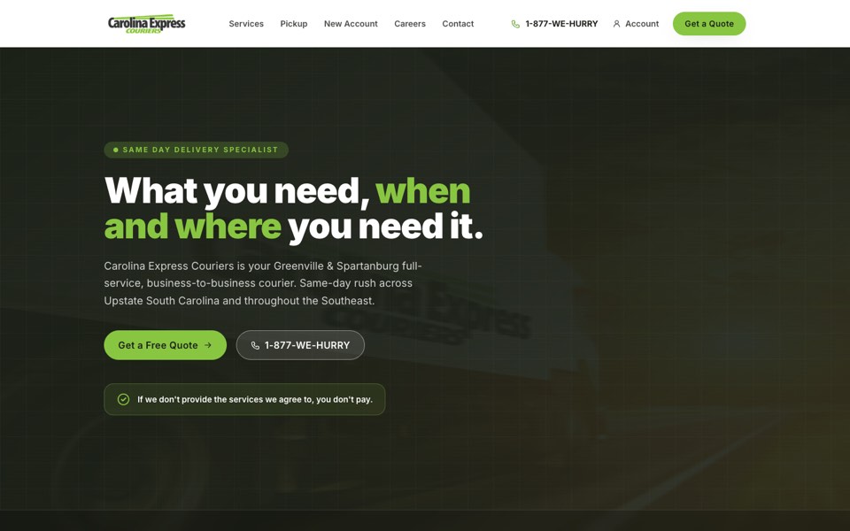 Carolina Express Couriers website home page, designed and built by Webit365