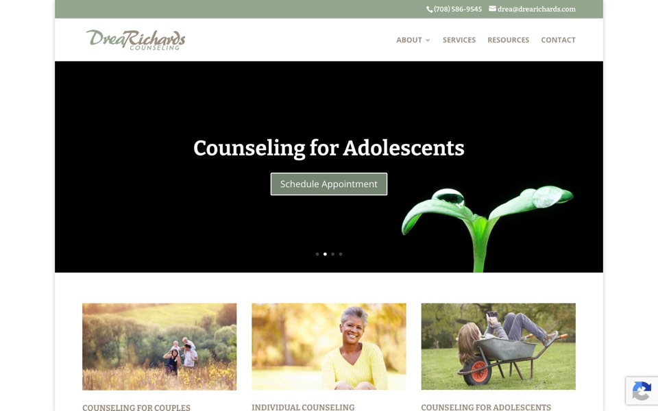 Drea Richards Counseling website home page, designed and built by Webit365