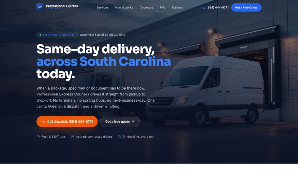 Professional Express Couriers website home page, designed and built by Webit365